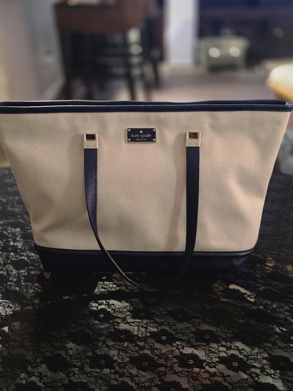 kate spade Two-Tone Canvas Tote in Cream and Navy